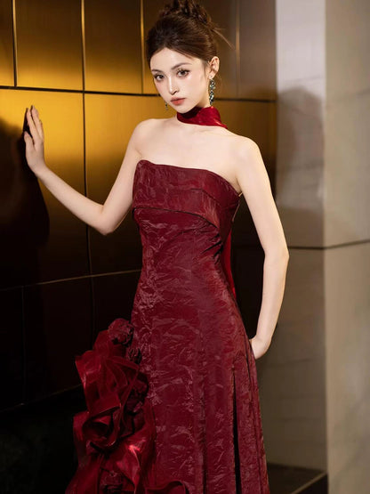 Appealing Strapless Ruffles Red Prom Dress Appliques A-Line Evening Dress With Scarf AP7138