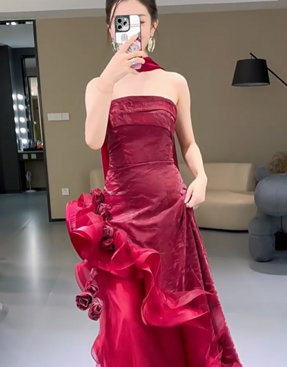 Appealing Strapless Ruffles Red Prom Dress Appliques A-Line Evening Dress With Scarf AP7138