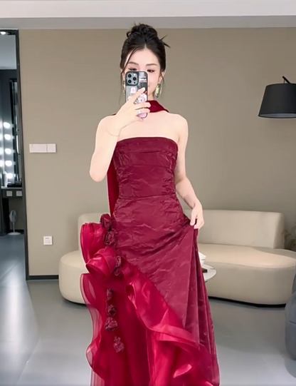 Appealing Strapless Ruffles Red Prom Dress Appliques A-Line Evening Dress With Scarf AP7138