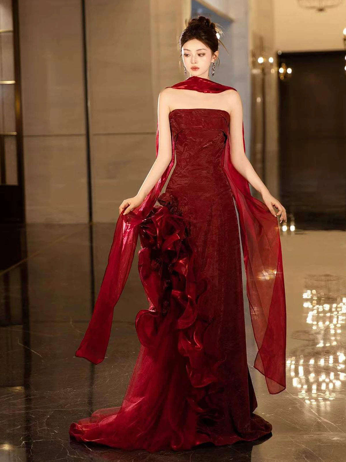 Appealing Strapless Ruffles Red Prom Dress Appliques A-Line Evening Dress With Scarf AP7138