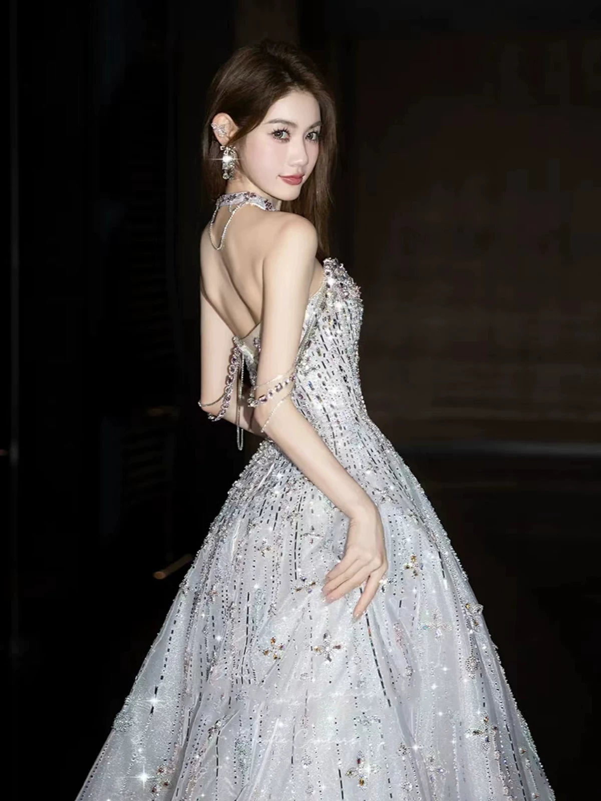 Fascinating Off-Shoulder Crystals Silver Prom Dress Sequins Beaded A-Line Evening Dress AP7139