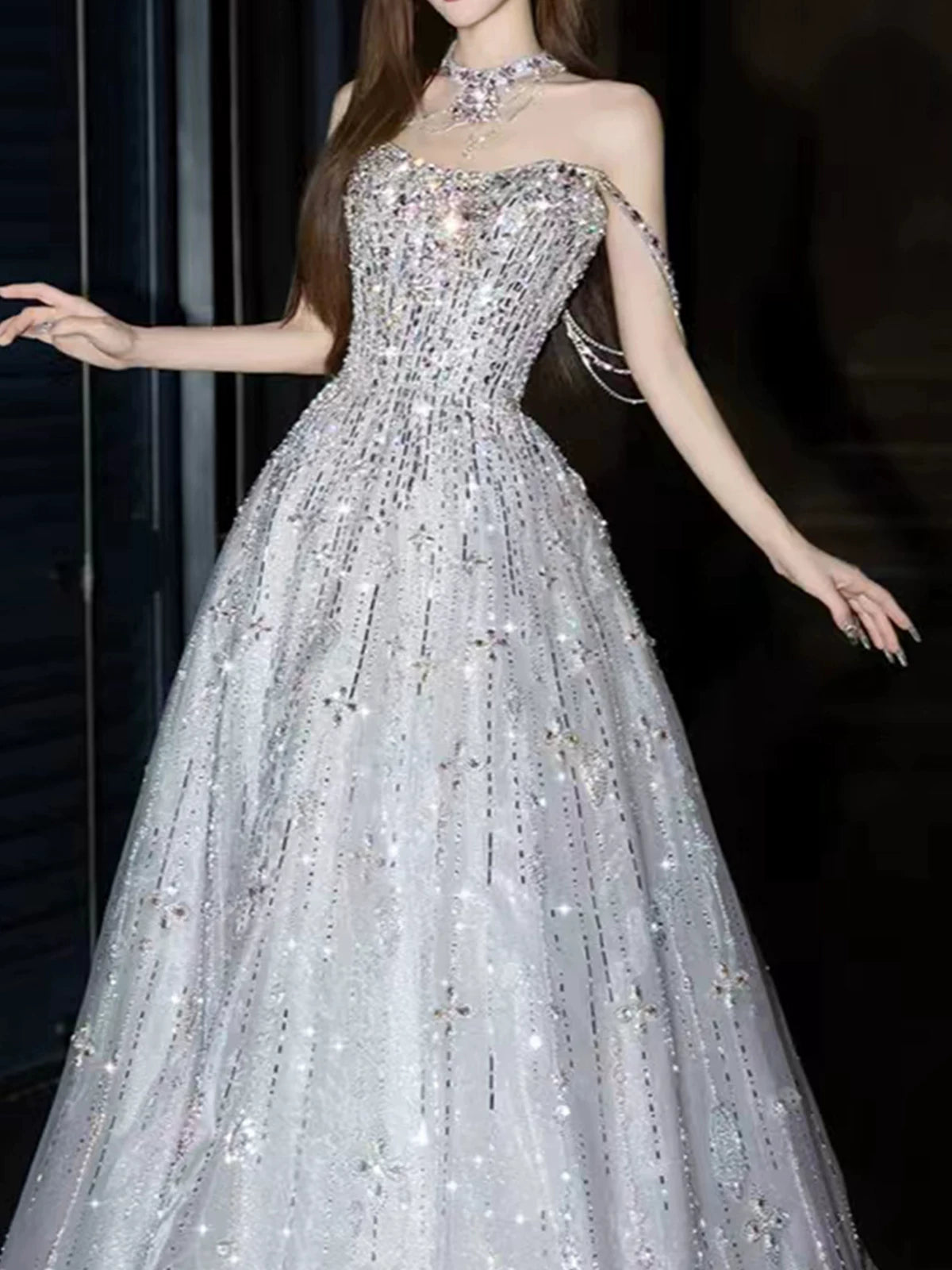 Fascinating Off-Shoulder Crystals Silver Prom Dress Sequins Beaded A-Line Evening Dress AP7139