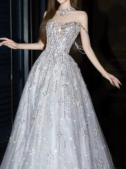 Fascinating Off-Shoulder Crystals Silver Prom Dress Sequins Beaded A-Line Evening Dress AP7139