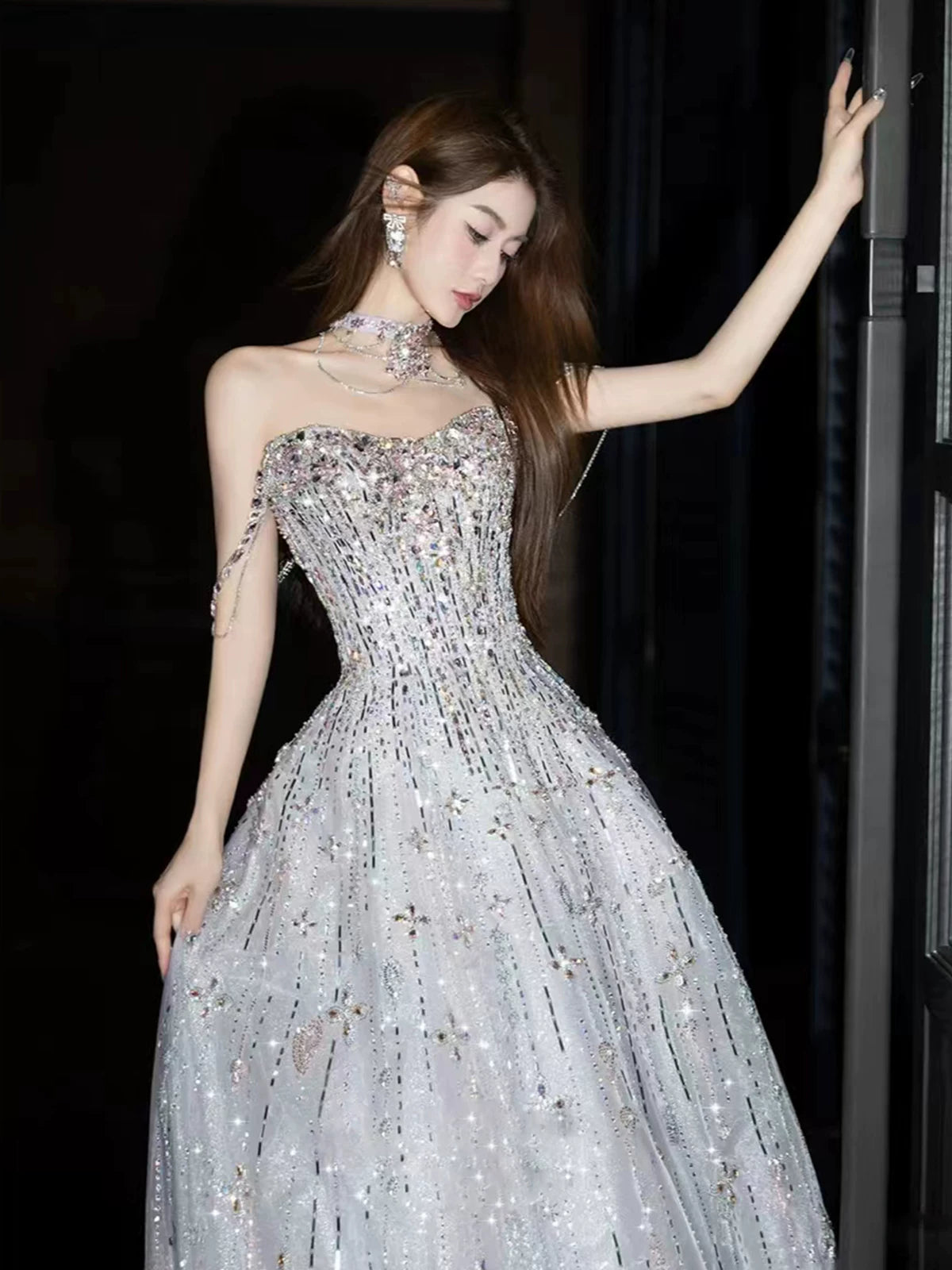 Fascinating Off-Shoulder Crystals Silver Prom Dress Sequins Beaded A-Line Evening Dress AP7139