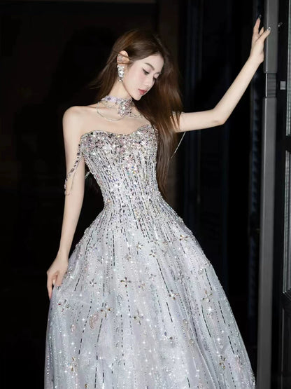 Fascinating Off-Shoulder Crystals Silver Prom Dress Sequins Beaded A-Line Evening Dress AP7139