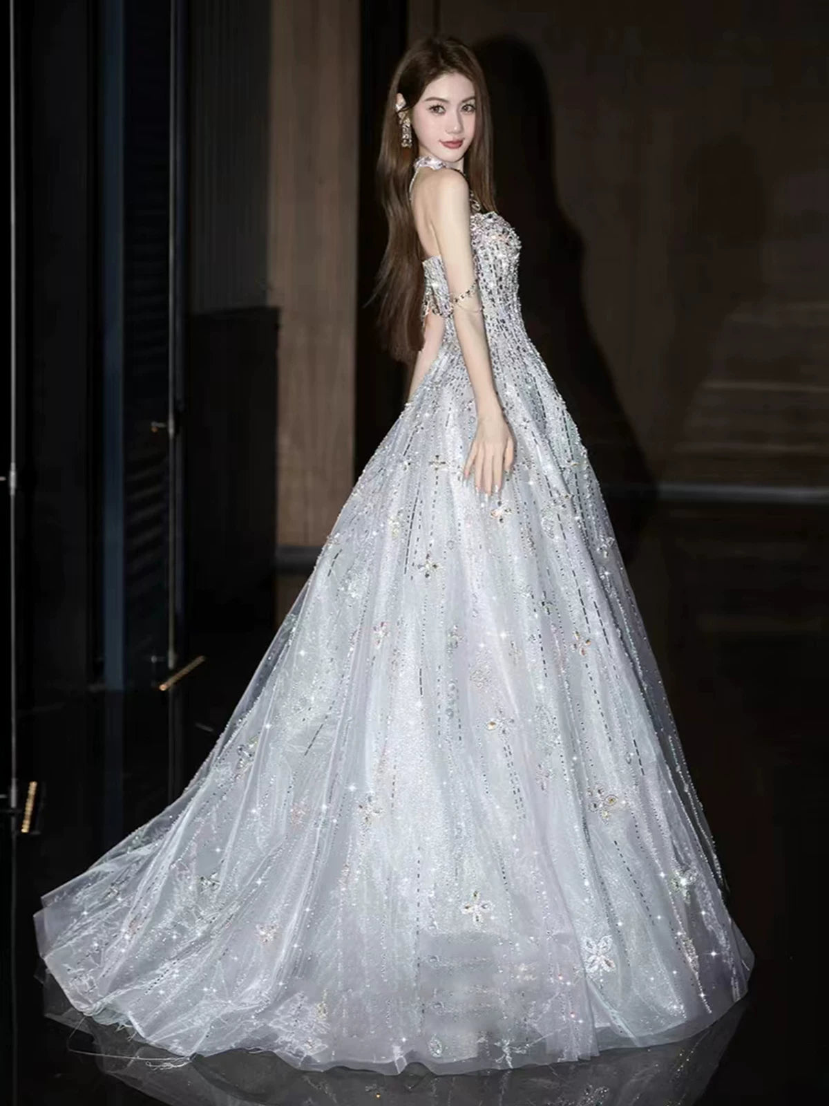 Fascinating Off-Shoulder Crystals Silver Prom Dress Sequins Beaded A-Line Evening Dress AP7139