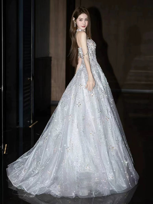 Fascinating Off-Shoulder Crystals Silver Prom Dress Sequins Beaded A-Line Evening Dress AP7139