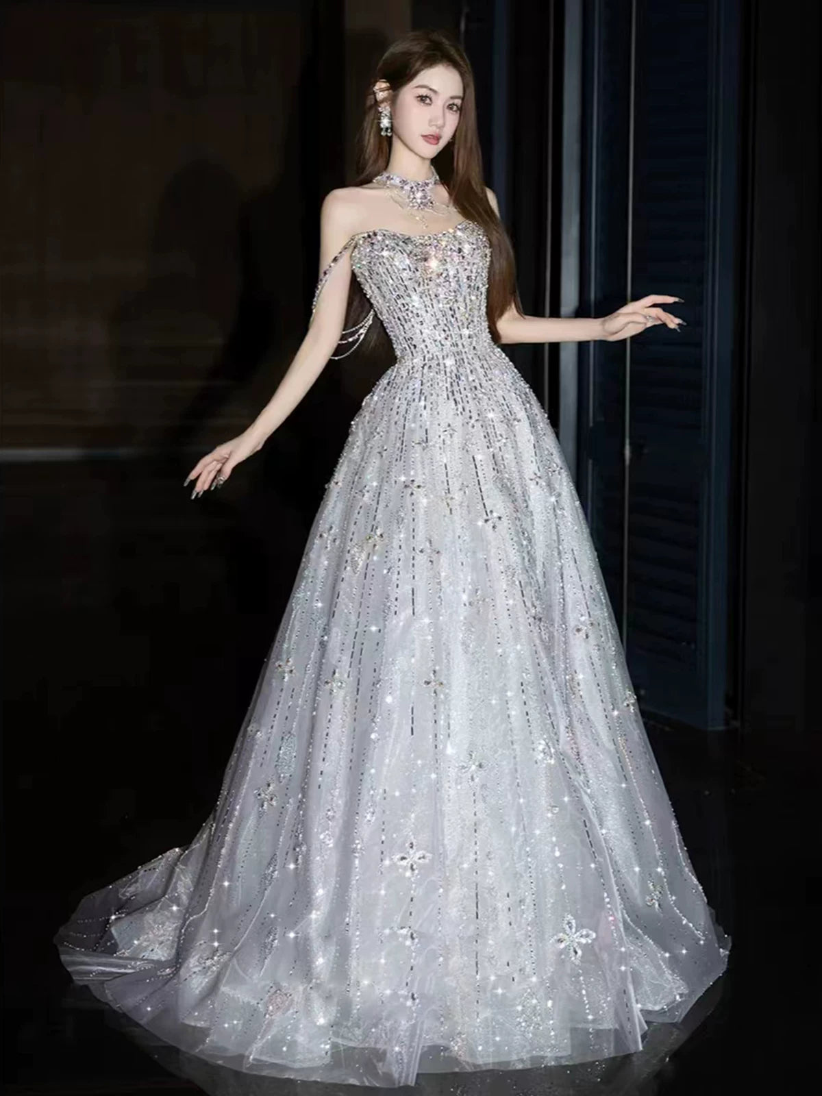 Fascinating Off-Shoulder Crystals Silver Prom Dress Sequins Beaded A-Line Evening Dress AP7139