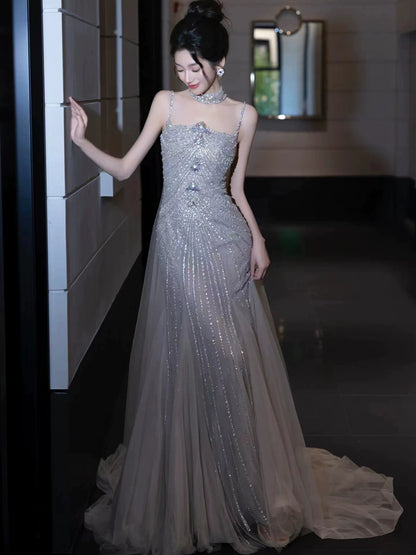 Splendid Spaghetti Strap Mermaid Grey Prom Dress Beading Sequins Tulle Evening Dress AP7140