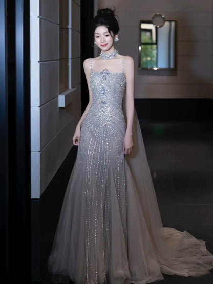 Splendid Spaghetti Strap Mermaid Grey Prom Dress Beading Sequins Tulle Evening Dress AP7140