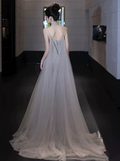 Splendid Spaghetti Strap Mermaid Grey Prom Dress Beading Sequins Tulle Evening Dress AP7140