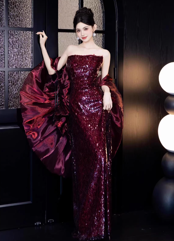Enticing Strapless Sheath Prom Dress Red Sequins Evening Dress With Shawl AP7141