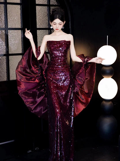 Enticing Strapless Sheath Prom Dress Red Sequins Evening Dress With Shawl AP7141