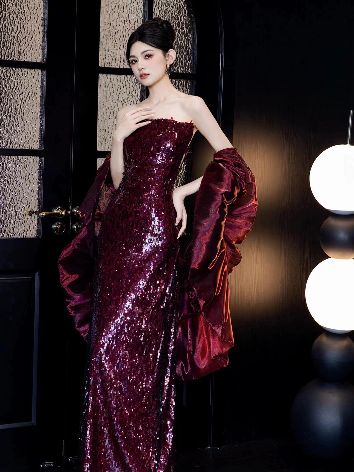 Enticing Strapless Sheath Prom Dress Red Sequins Evening Dress With Shawl AP7141