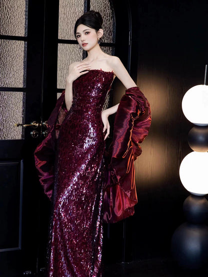 Enticing Strapless Sheath Prom Dress Red Sequins Evening Dress With Shawl AP7141