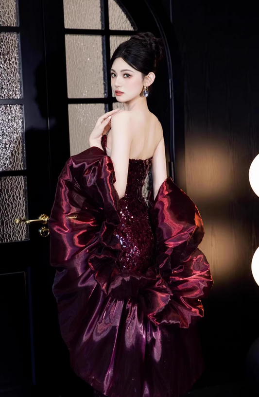 Enticing Strapless Sheath Prom Dress Red Sequins Evening Dress With Shawl AP7141