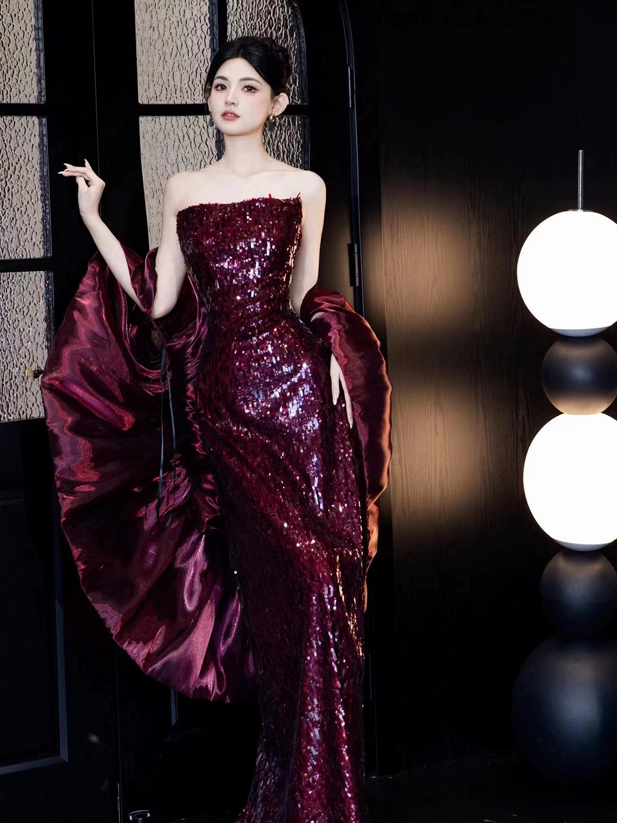 Enticing Strapless Sheath Prom Dress Red Sequins Evening Dress With Shawl AP7141