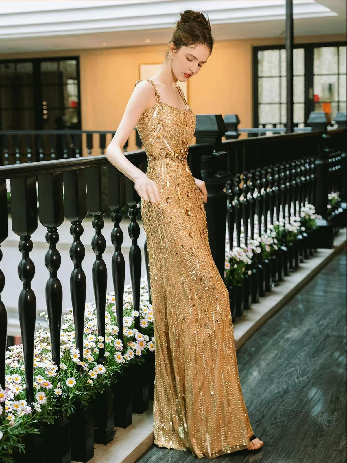 Shiny Spaghetti Strap Gold Prom Dress Beading Mermaid Evening Dress AP7142