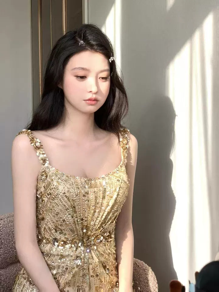 Shiny Spaghetti Strap Gold Prom Dress Beading Mermaid Evening Dress AP7142