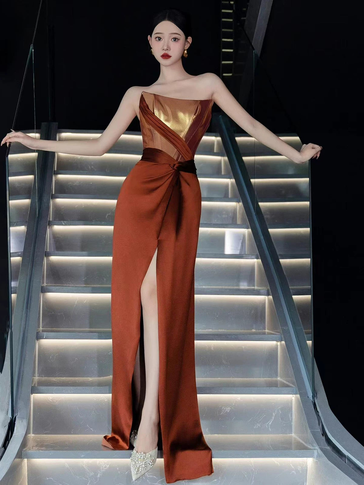 Avant-Garde Strapless Sheath Prom Dress Burnt Orange Slit Evening Dress AP7143