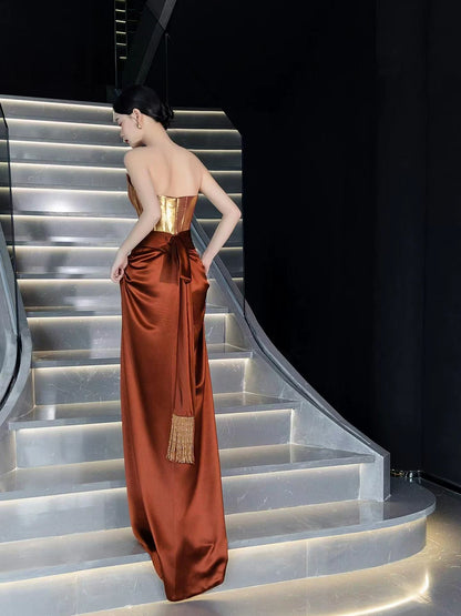 Avant-Garde Strapless Sheath Prom Dress Burnt Orange Slit Evening Dress AP7143