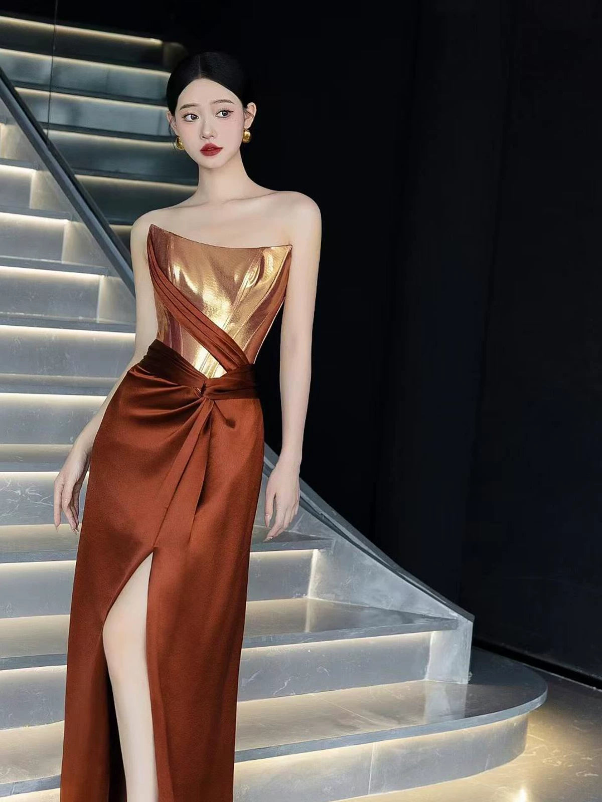 Avant-Garde Strapless Sheath Prom Dress Burnt Orange Slit Evening Dress AP7143