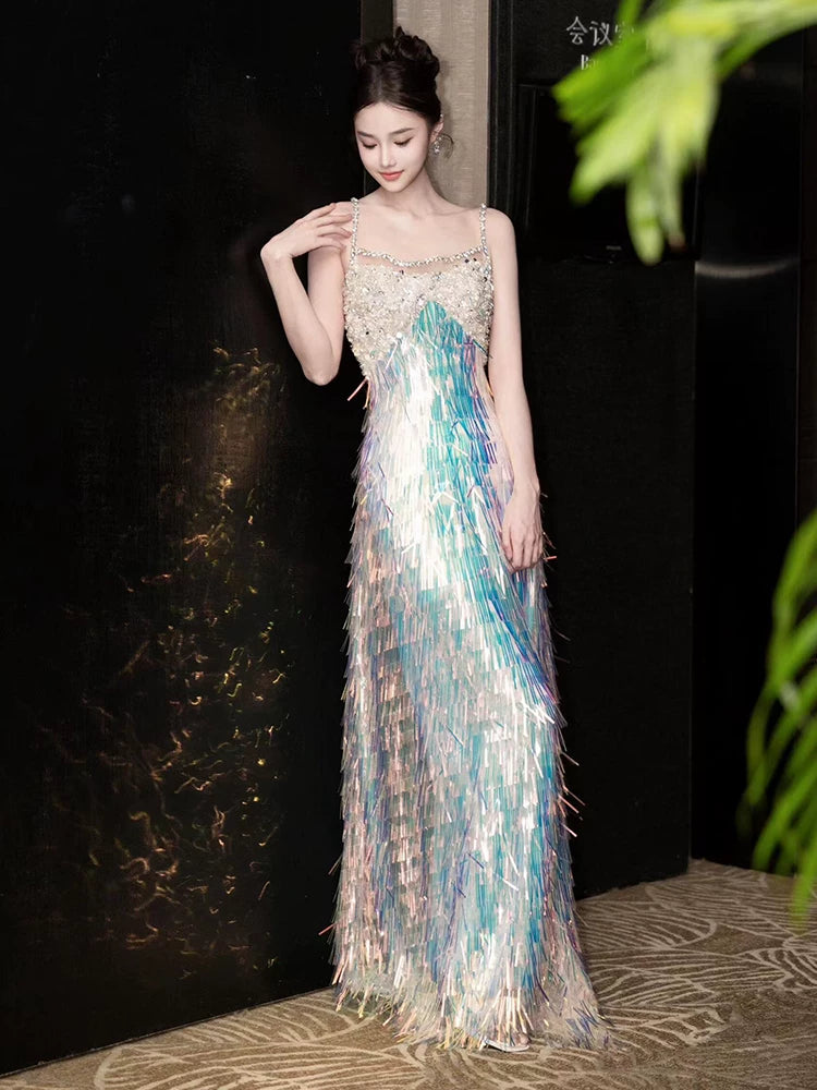 Eye-Catching Spaghetti Strap Beaded Prom Dress Glam Iridescent Sequin Fringe A-Line Evening Gown AP7144