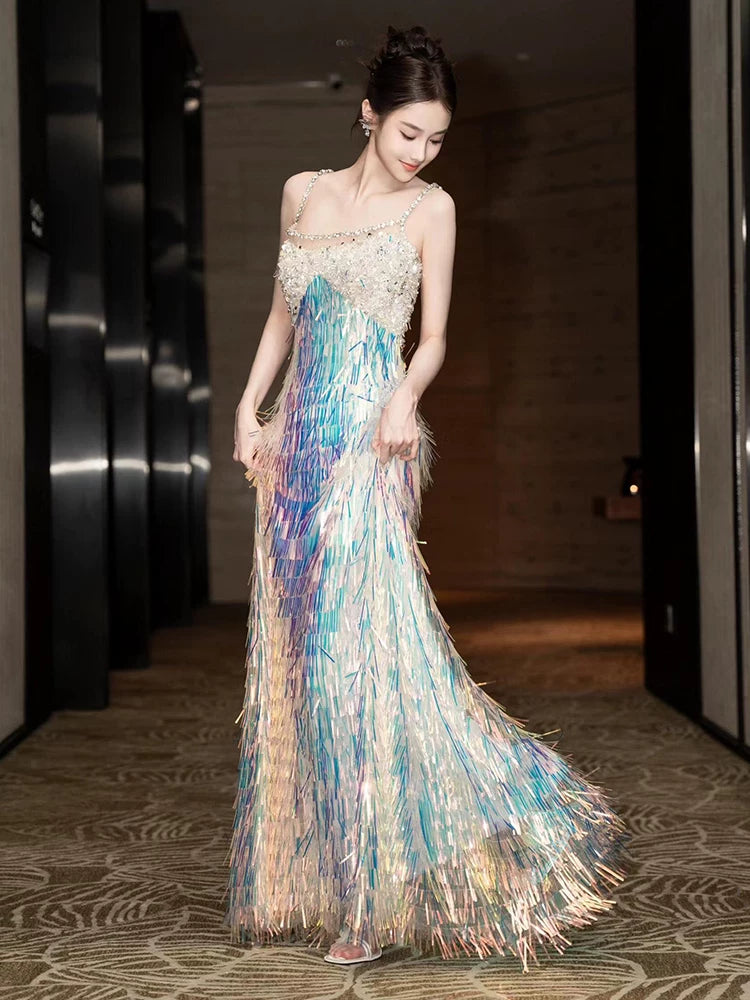 Eye-Catching Spaghetti Strap Beaded Prom Dress Glam Iridescent Sequin Fringe A-Line Evening Gown AP7144
