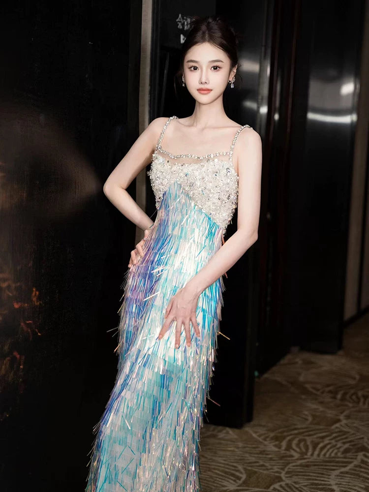Eye-Catching Spaghetti Strap Beaded Prom Dress Glam Iridescent Sequin Fringe A-Line Evening Gown AP7144