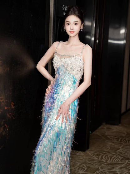 Eye-Catching Spaghetti Strap Beaded Prom Dress Glam Iridescent Sequin Fringe A-Line Evening Gown AP7144