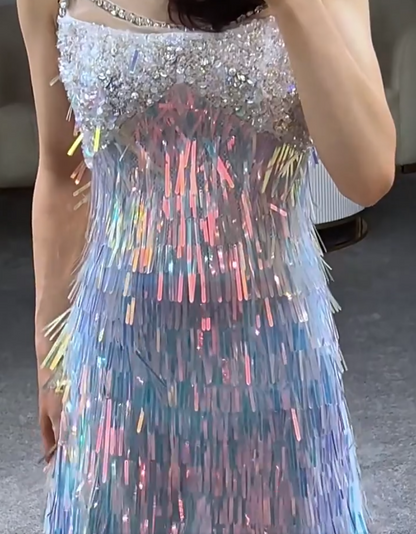 Eye-Catching Spaghetti Strap Beaded Prom Dress Glam Iridescent Sequin Fringe A-Line Evening Gown AP7144