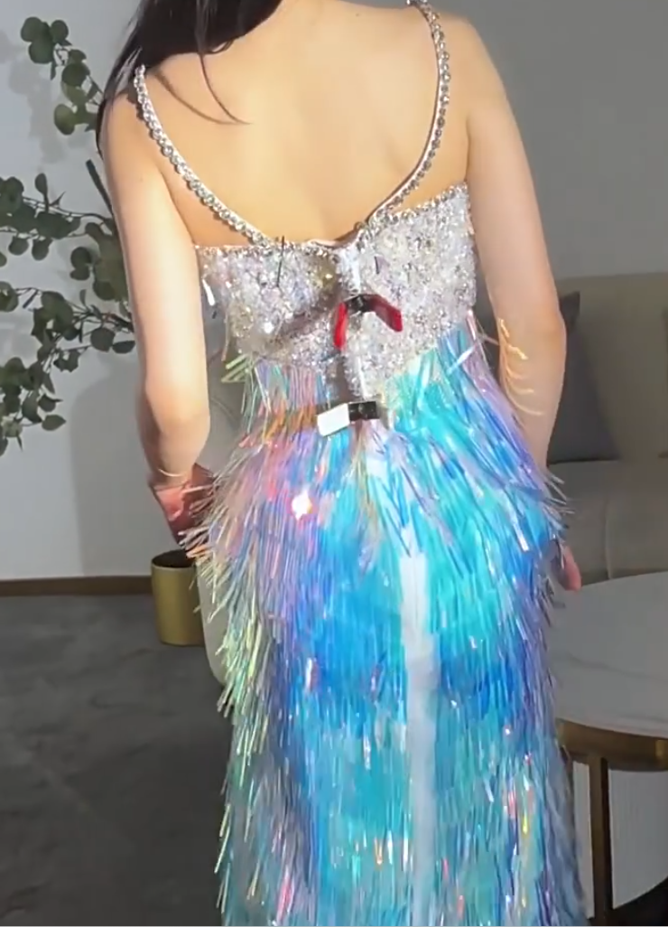 Eye-Catching Spaghetti Strap Beaded Prom Dress Glam Iridescent Sequin Fringe A-Line Evening Gown AP7144