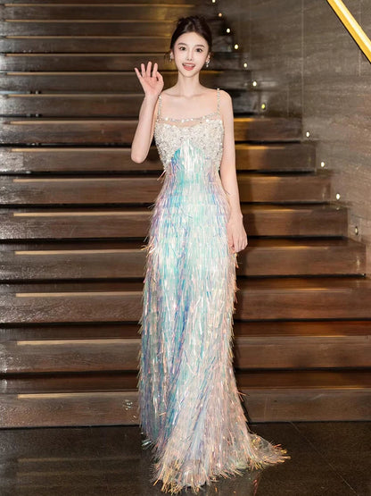 Eye-Catching Spaghetti Strap Beaded Prom Dress Glam Iridescent Sequin Fringe A-Line Evening Gown AP7144