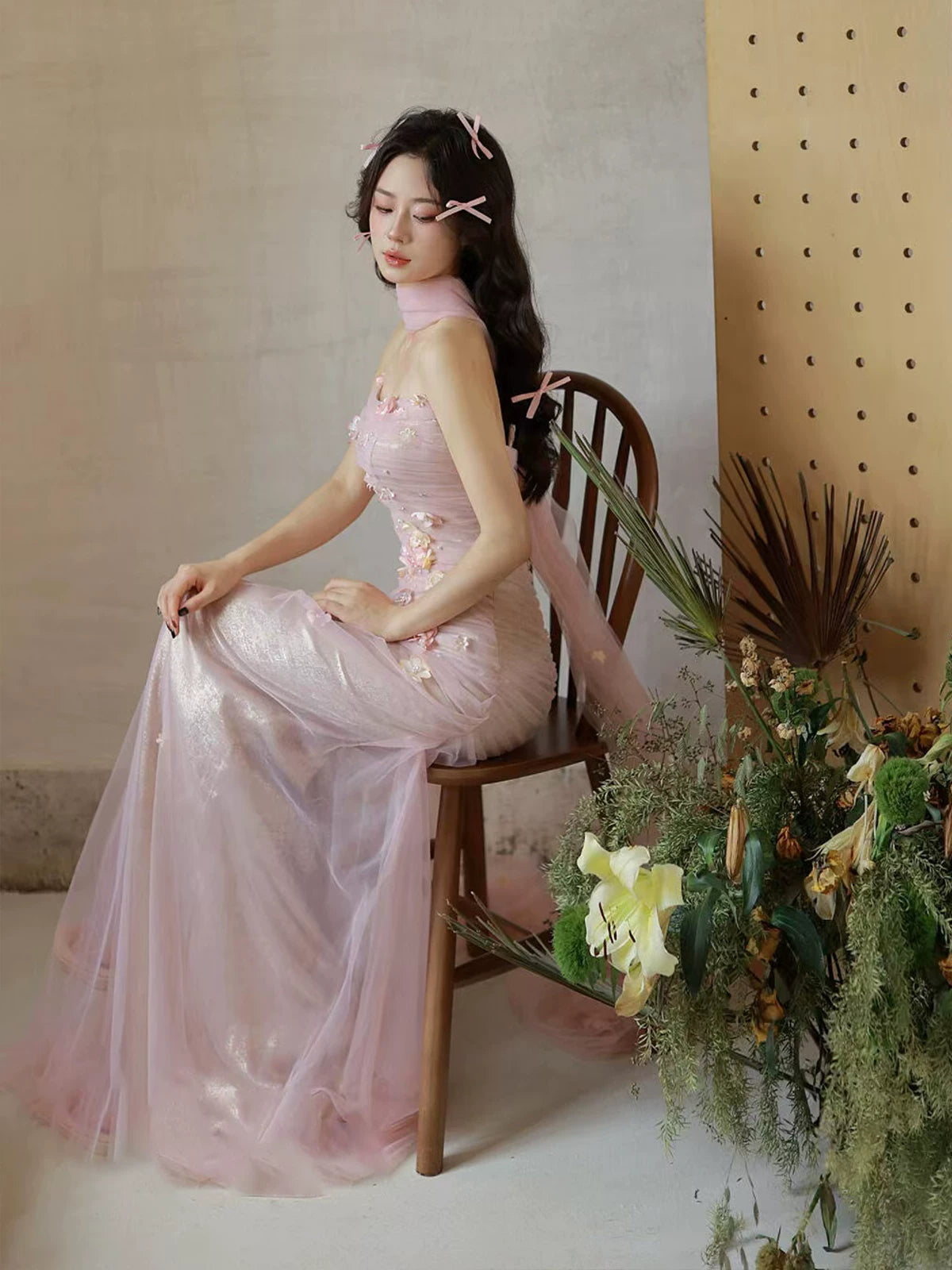 Fresh Strapless Sheath Pink Prom Dress With Scarf Appliques Tulle Evening Dress AP7145