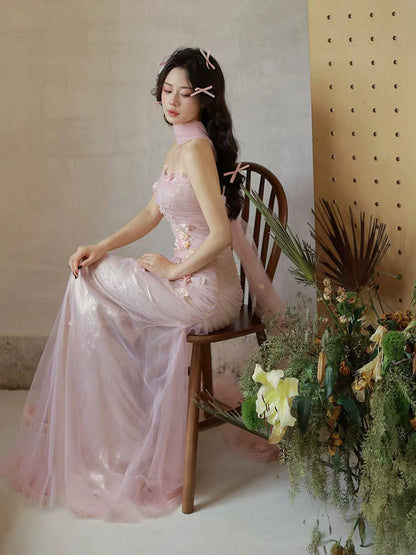 Fresh Strapless Sheath Pink Prom Dress With Scarf Appliques Tulle Evening Dress AP7145
