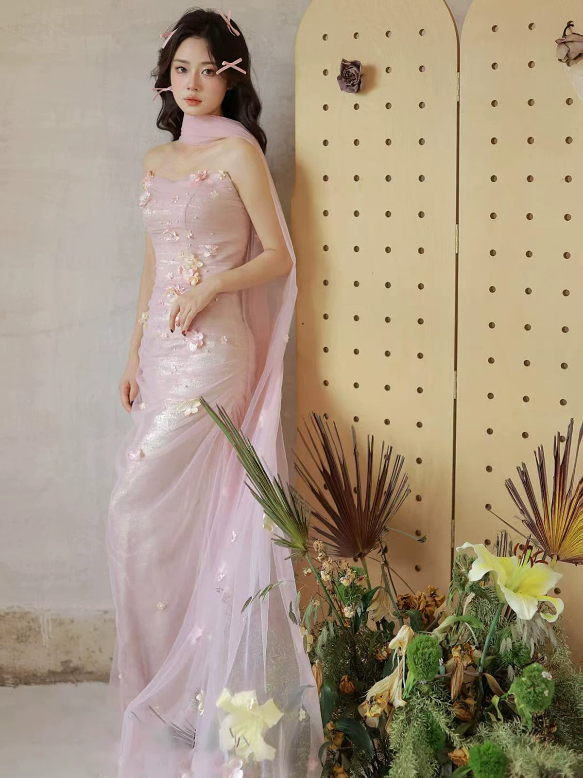 Fresh Strapless Sheath Pink Prom Dress With Scarf Appliques Tulle Evening Dress AP7145
