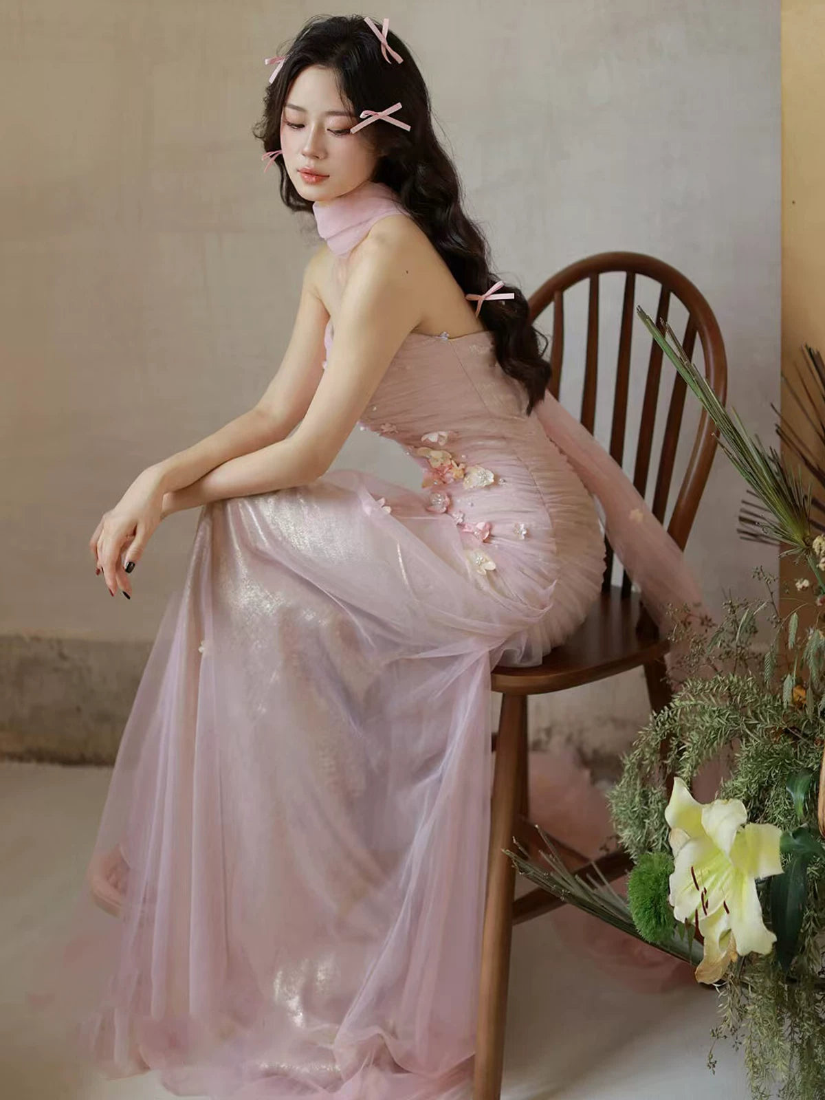 Fresh Strapless Sheath Pink Prom Dress With Scarf Appliques Tulle Evening Dress AP7145