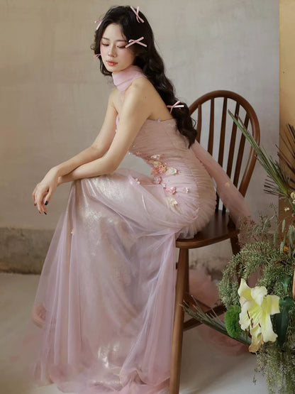 Fresh Strapless Sheath Pink Prom Dress With Scarf Appliques Tulle Evening Dress AP7145