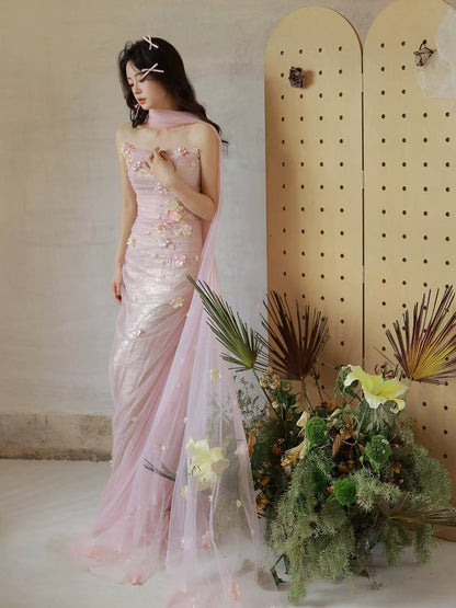 Fresh Strapless Sheath Pink Prom Dress With Scarf Appliques Tulle Evening Dress AP7145