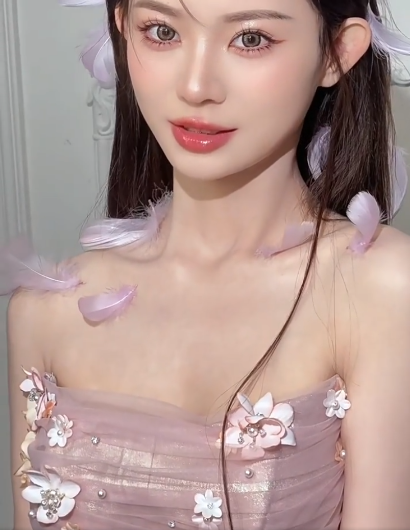 Fresh Strapless Sheath Pink Prom Dress With Scarf Appliques Tulle Evening Dress AP7145