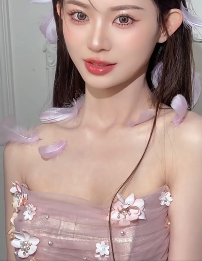 Fresh Strapless Sheath Pink Prom Dress With Scarf Appliques Tulle Evening Dress AP7145