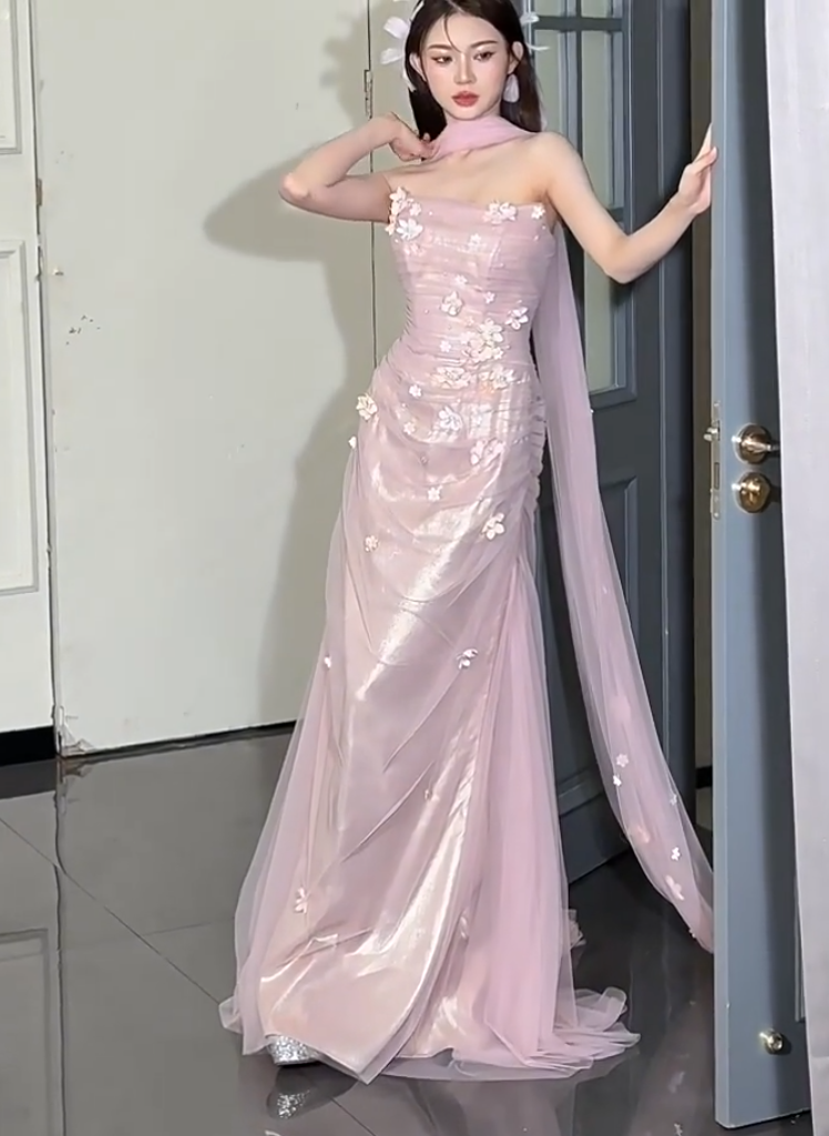 Fresh Strapless Sheath Pink Prom Dress With Scarf Appliques Tulle Evening Dress AP7145