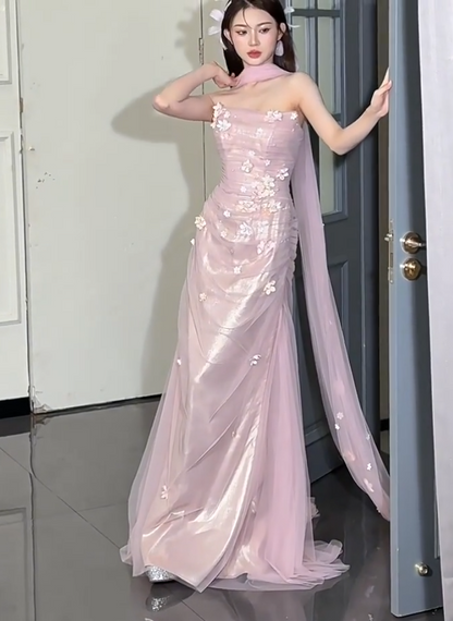 Fresh Strapless Sheath Pink Prom Dress With Scarf Appliques Tulle Evening Dress AP7145