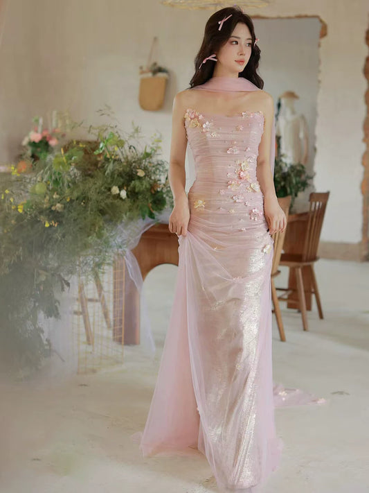 Fresh Strapless Sheath Pink Prom Dress With Scarf Appliques Tulle Evening Dress AP7145