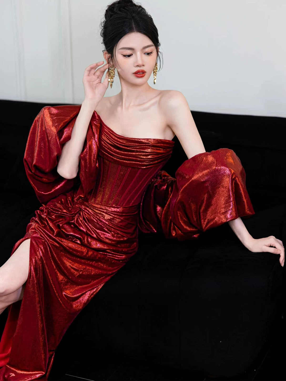Sleek Strapless Sheath Red Prom Dress With Shawl Draped Satin Slit Evening Dress AP7146