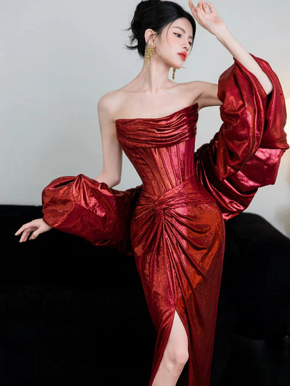 Sleek Strapless Sheath Red Prom Dress With Shawl Draped Satin Slit Evening Dress AP7146