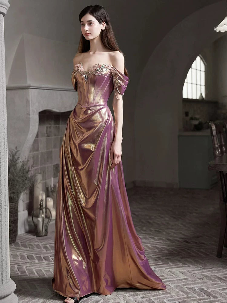 Dainty Off-Shoulder Prom Dress Appliques Beading A-Line Evening Dress AP7147