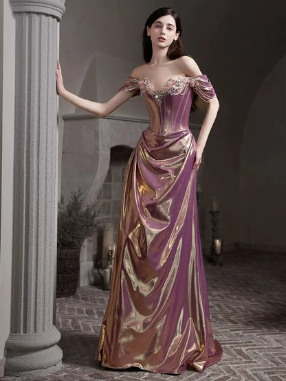 Dainty Off-Shoulder Prom Dress Appliques Beading A-Line Evening Dress AP7147