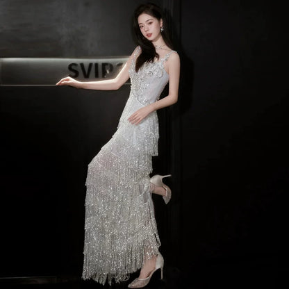 Cozy Spaghetti Strap Slit Silver Prom Dress Beading Tassel Sheath Evening Dress AP7148