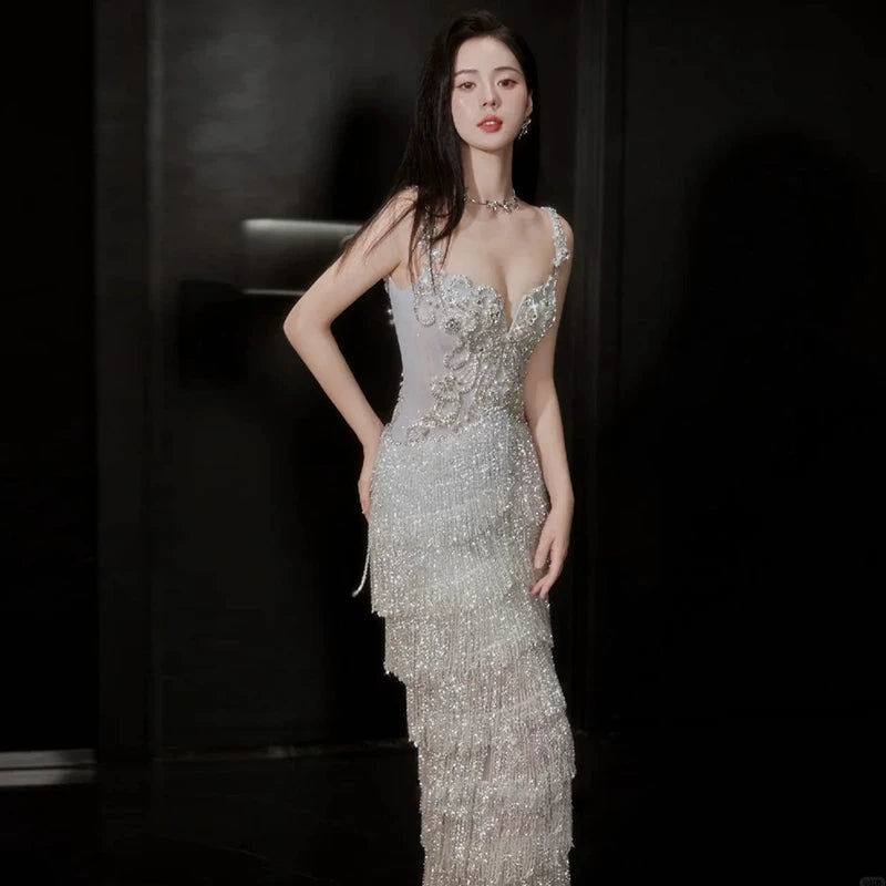 Cozy Spaghetti Strap Slit Silver Prom Dress Beading Tassel Sheath Evening Dress AP7148